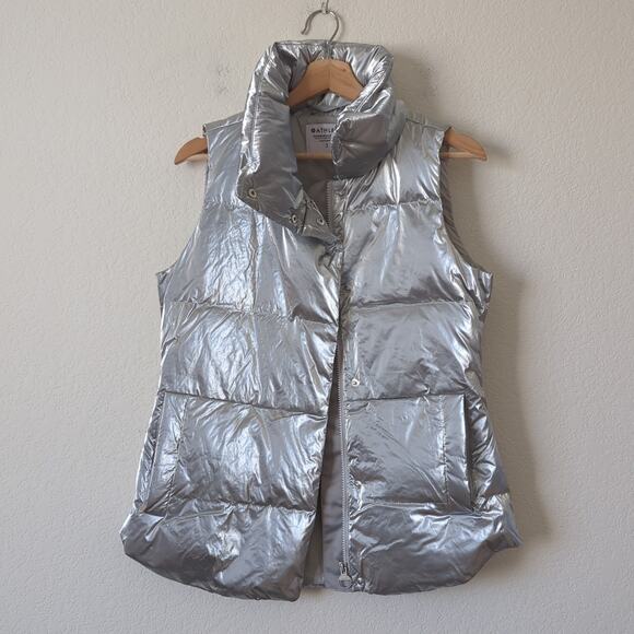 Athleta Puffer Vest Womens Silver Metallic Shiny Small Goose Down Puffy - Picture 6 of 12